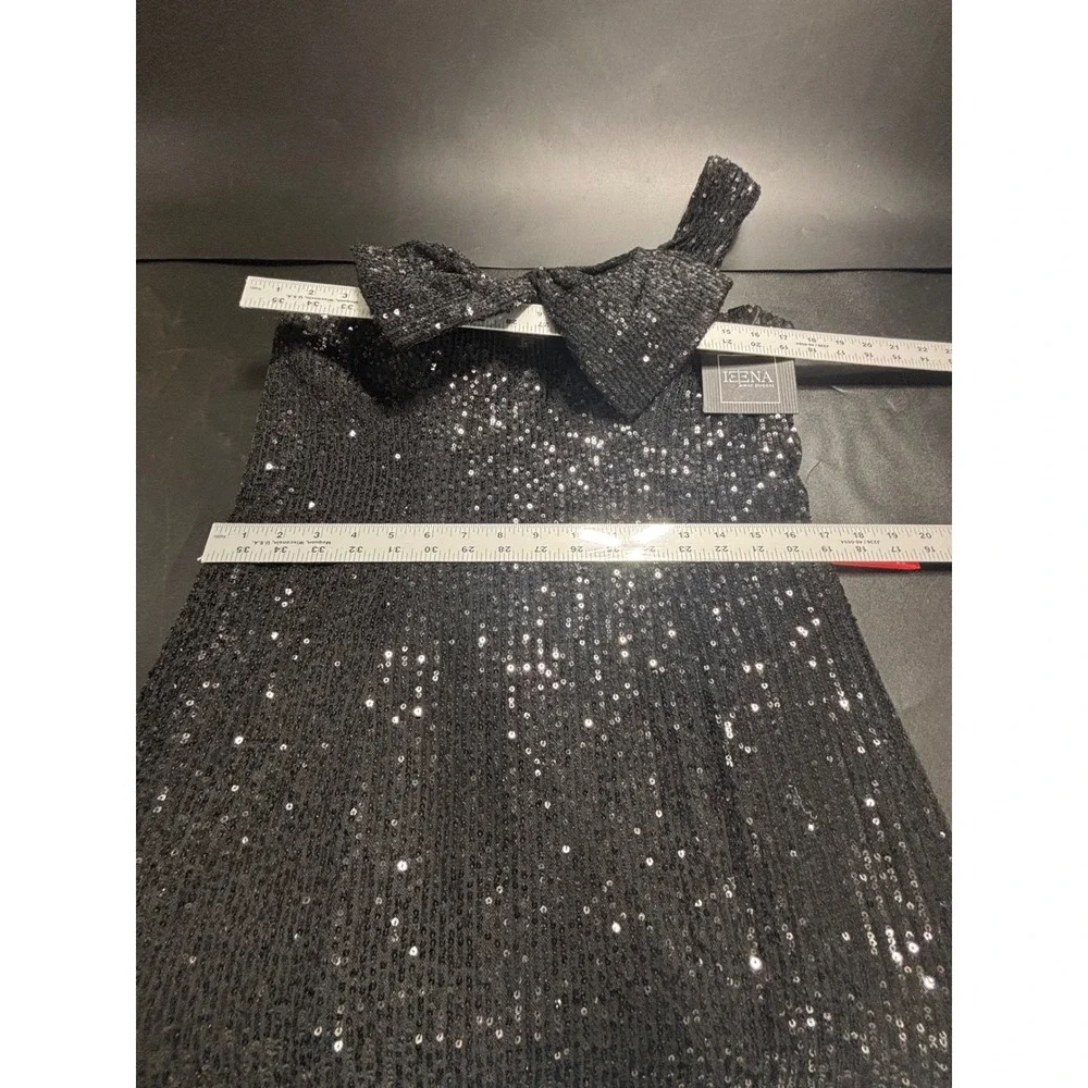 IEENA FOR MAC DUGGAL 11286 Black Sequin One Shoulder Bow‎ Midi Dress 12 NEW